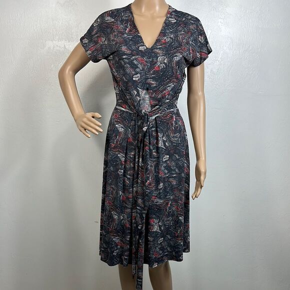 FIT Elegant Abstract Print Short Sleeve V-neck Belted Dress Size S - Picture 1 of 8